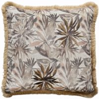 FLORAL PRINT WITH EMB ON LINEN WITH FRINGING  NATURAL 45 X 45