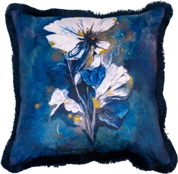 PRINTED PANSY ON BLUE WITH FRINGES 45 X 45