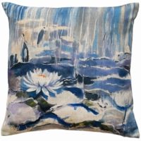 PRINTED WATER LILLIES ON FAUX LINEN 45 X 45