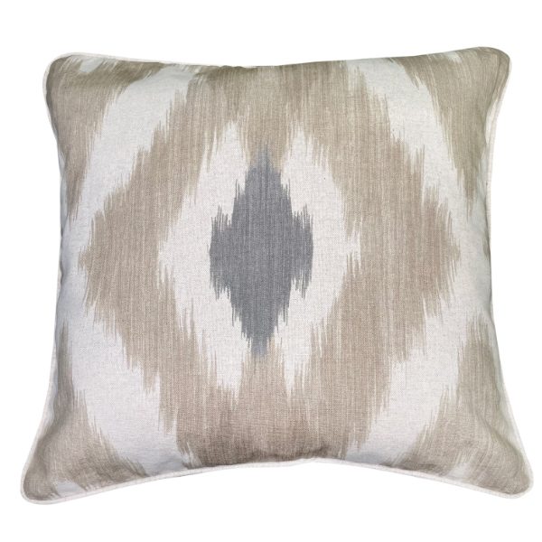 LARGE IKAT PRINT IN TAUPE WITH STRIPE REVERSE 45 X 45