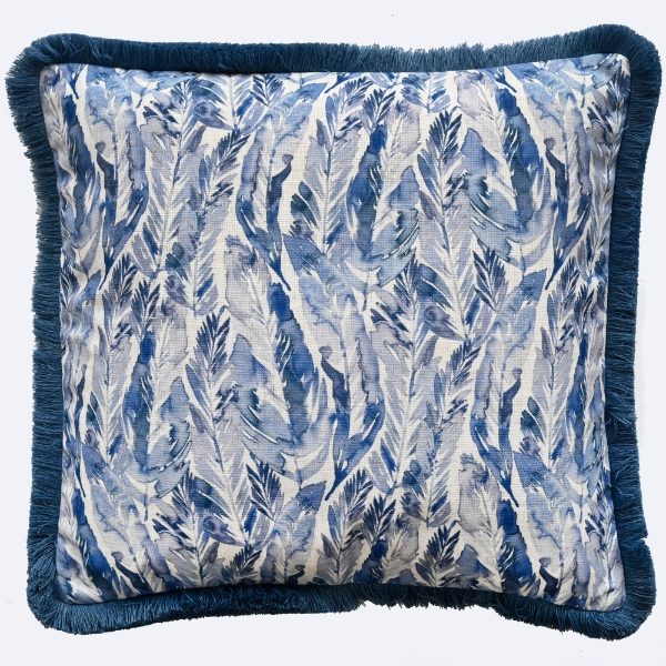 FEATHER PRINT ON LINEN WITH FRINGING BLUE 45 X 45