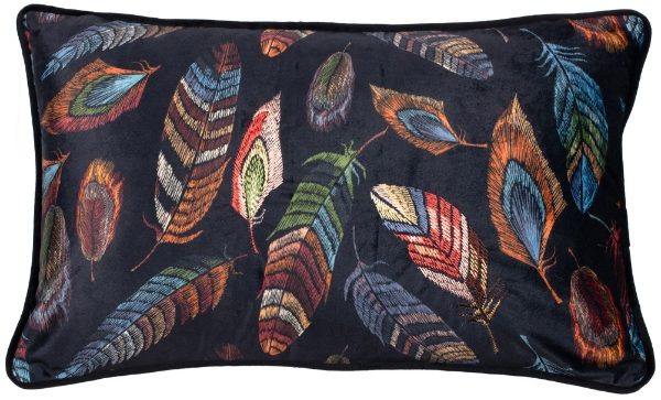 Printed Feather cushion on velvet with emb and piping 30 x 50